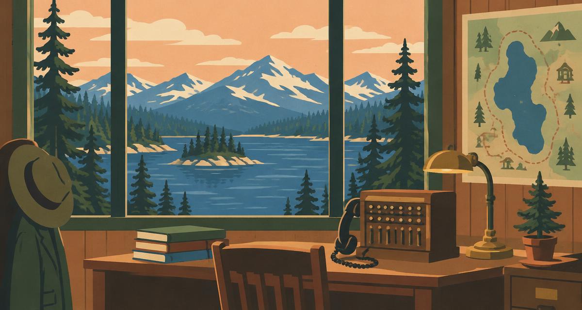 Poster illustration of a lakeside office desk with a vintage telephone switchboard, ledgers and a wall map, windows opening onto an alpine lake