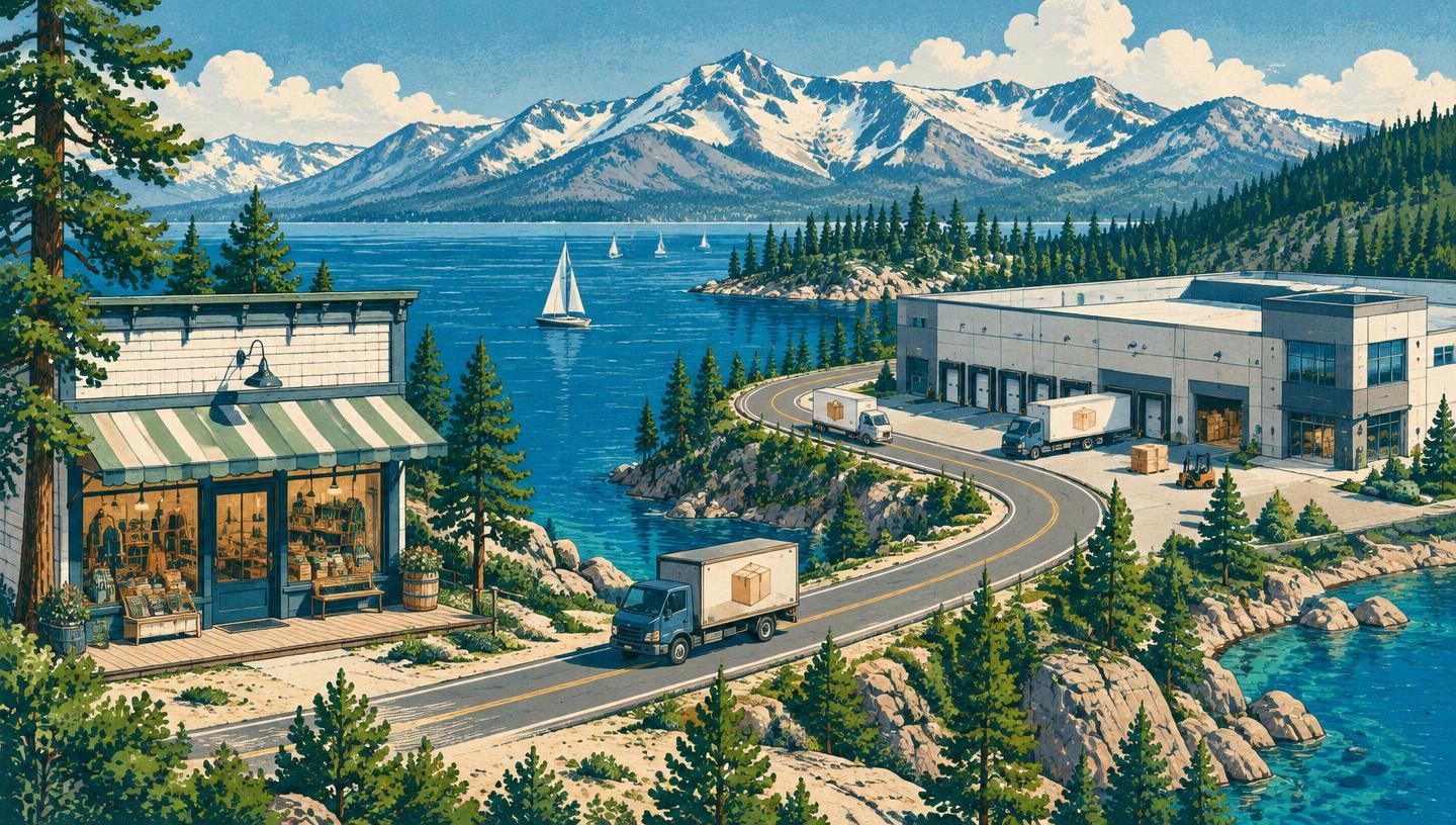 Illustrated lakeside shop and warehouse connected by a delivery road beside Lake Tahoe