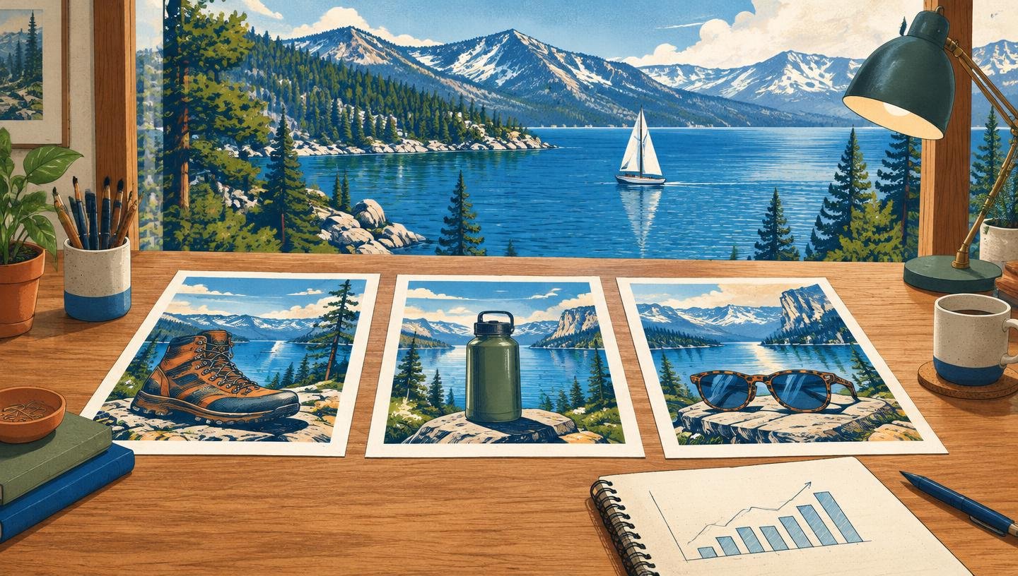 Tahoe editorial illustration of product ad concepts and a performance notebook on a studio desk