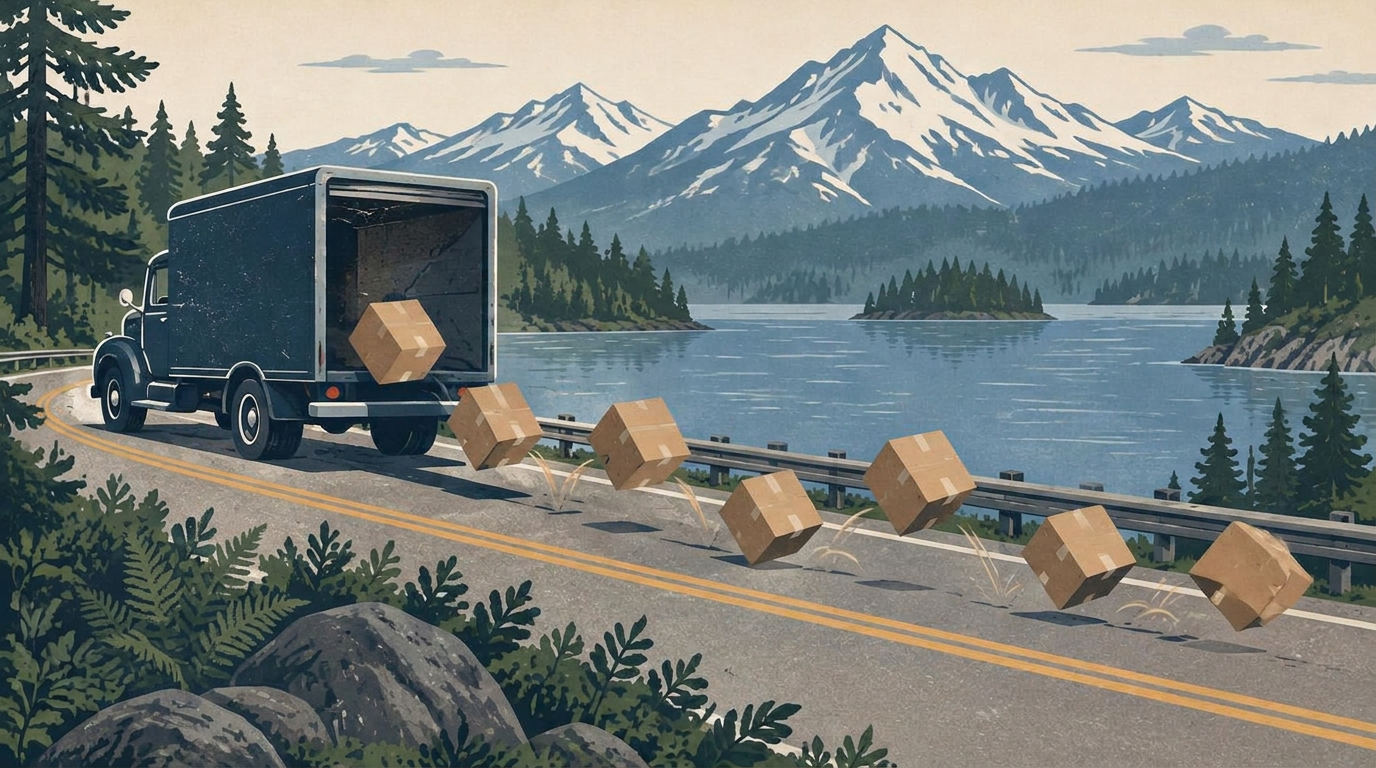 Tahoe-inspired illustration of a delivery truck losing kraft parcels on a mountain lakeside road